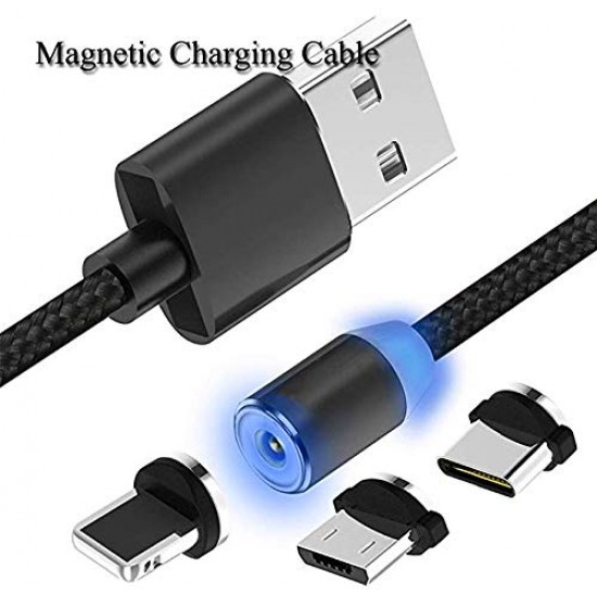 Magnetic USB Charging Cable Multi 3-in-1 Cable Charger with LED for Android  All Type C Mobiles and iOS Mobiles Fast Charging Cable 
